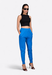 Model wearing high waist navy joggers, front view – East Vibe